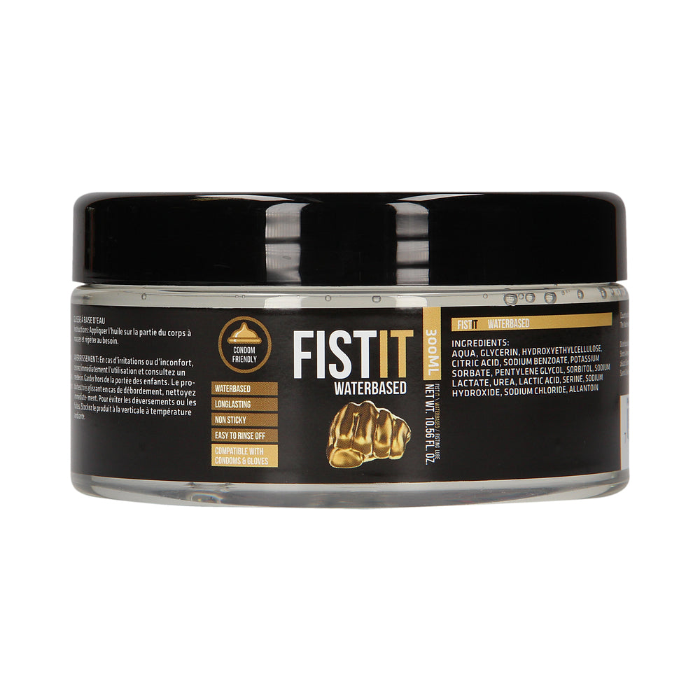 Fist It Water-Based Fisting Lube 300ml / 10.56 oz. Front of clear 300 ml Fist It water-based gel jar with black lid