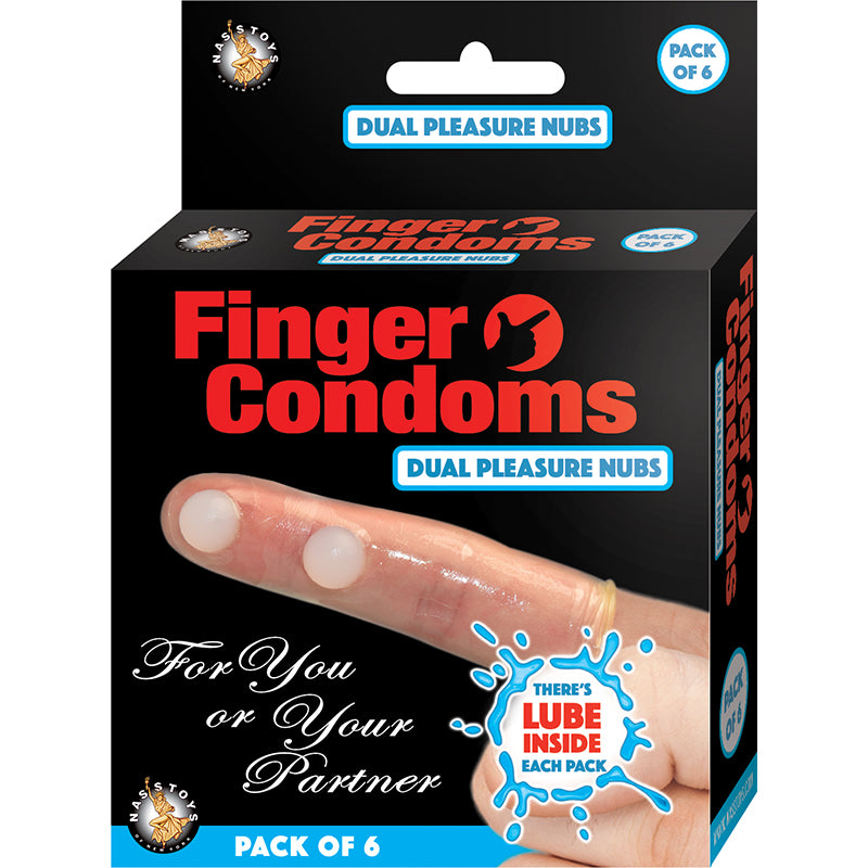 Finger Condoms With Lube (6/Pk) Nasstoys Finger Condoms with Lube six-pack black-and-orange box with six beige nubby sleeves and blue drop graphic