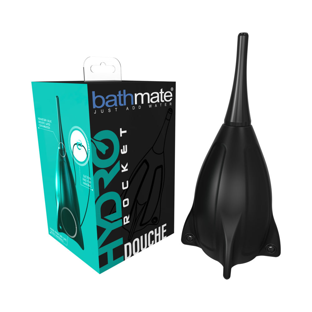 Bathmate Hydro Rocket Douche Black Bathmate Hydro Rocket douche beside turquoise retail box