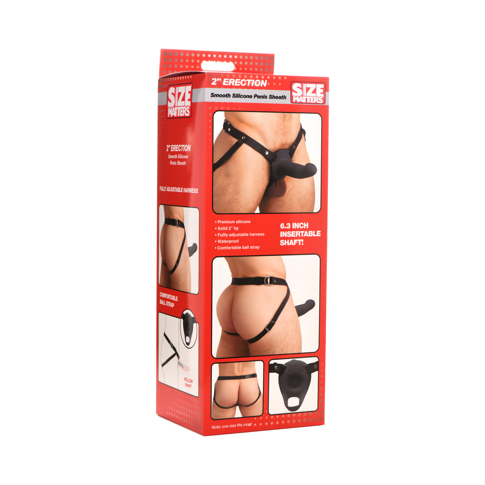 Size Matters Smooth Silicone Penis Sheath Black Size Matters black silicone sheath and strap harness shown on red retail box