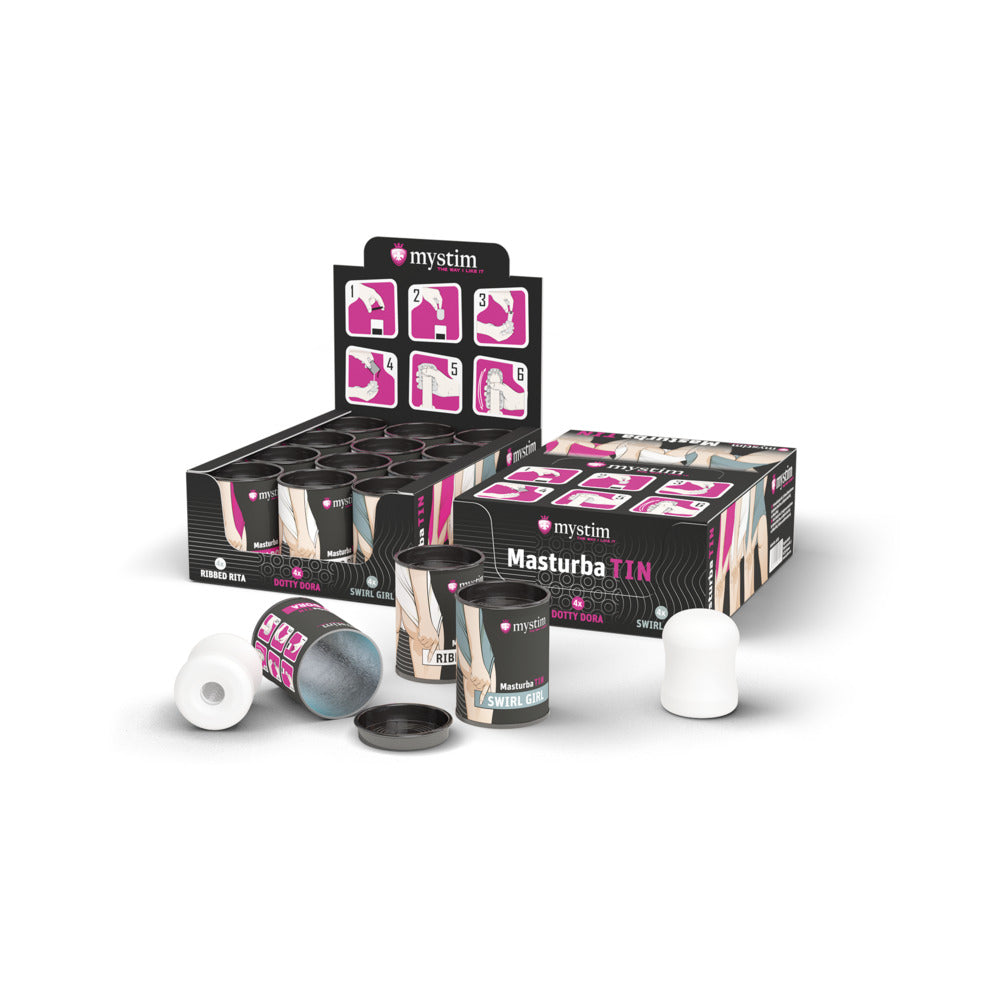 Mystim MasturbaTINS Stroker 12-Piece Display Mystim MasturbaTINS display with open cans white sleeves and assorted black packages