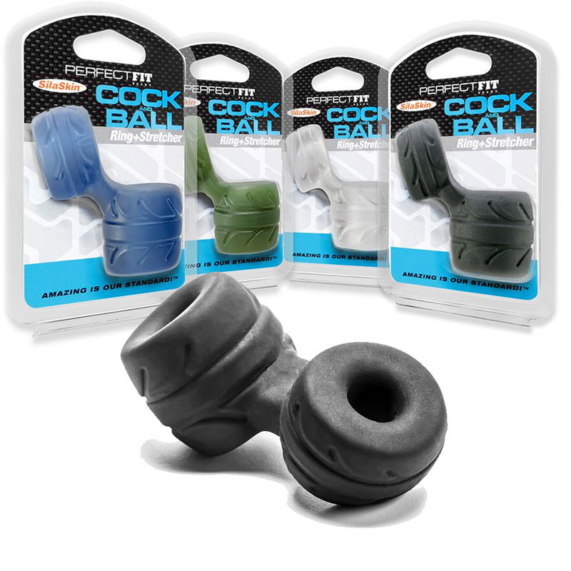 Perfect Fit Cock + Ball Ring & Stretcher Black Perfect Fit Black Ring and Stretcher Set two components with assorted color packages behind