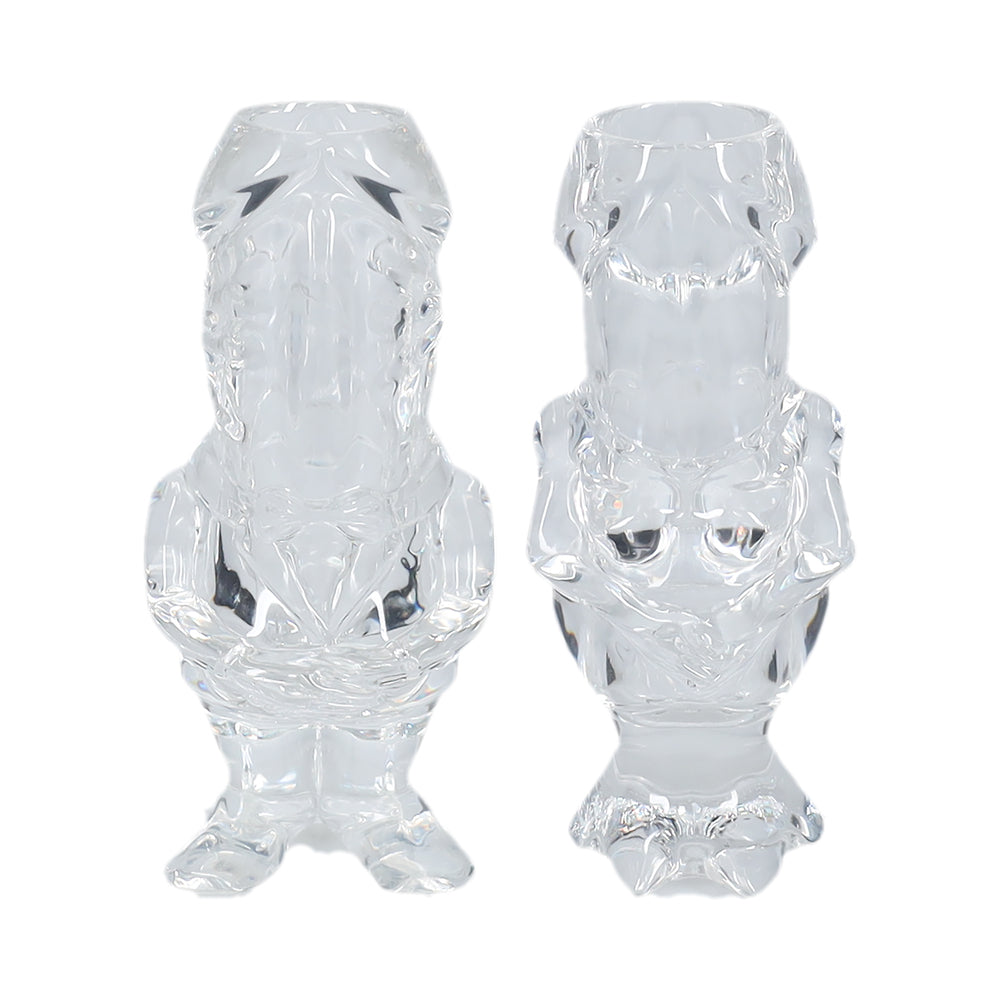 The Dickheads Couples Tall Shot Glass Clear two clear Dickheads penis-shaped tall shot vessels with sculpted bases