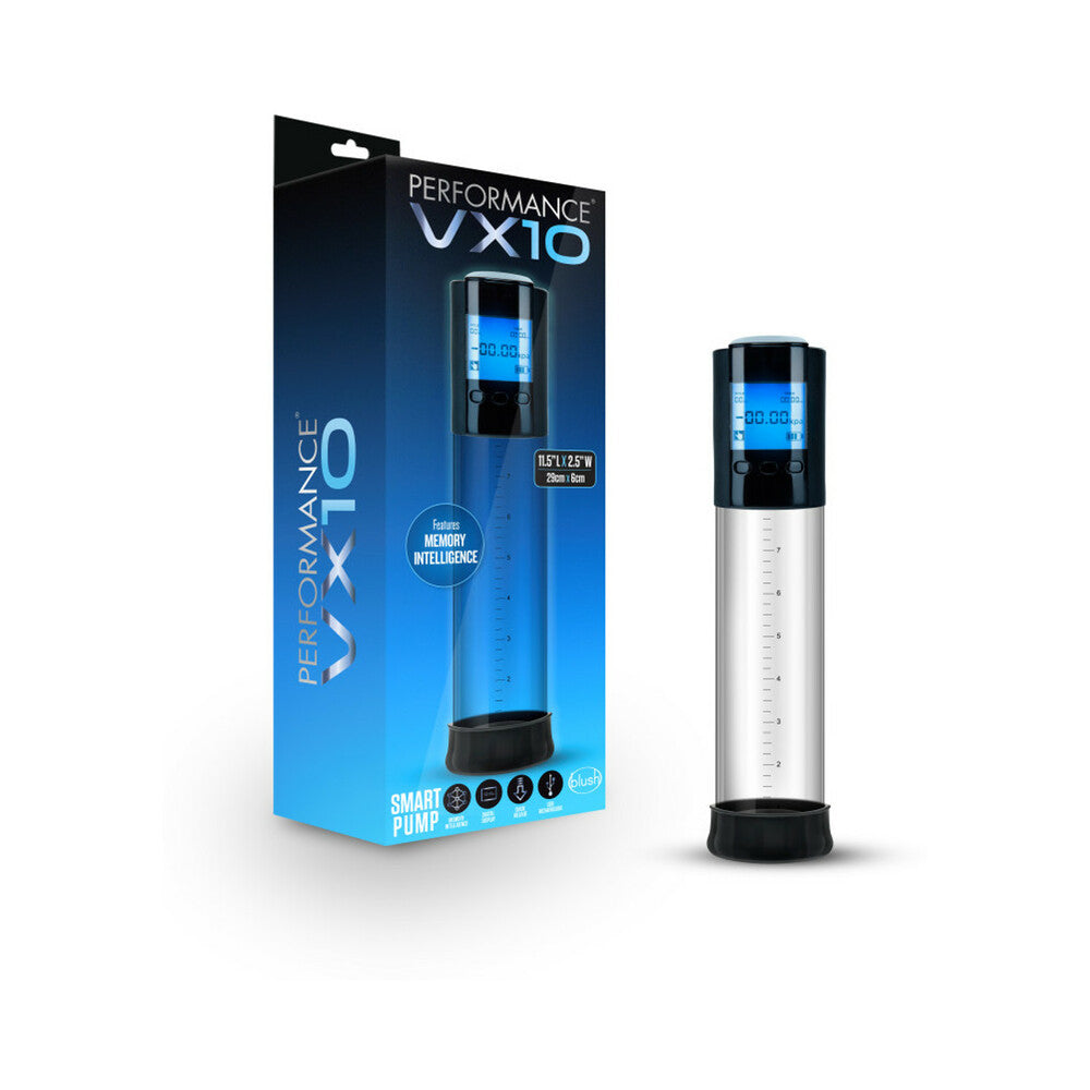 Performance VX10 Rechargeable Smart Pump Clear Blush Performance VX10 clear smart pump beside blue retail box