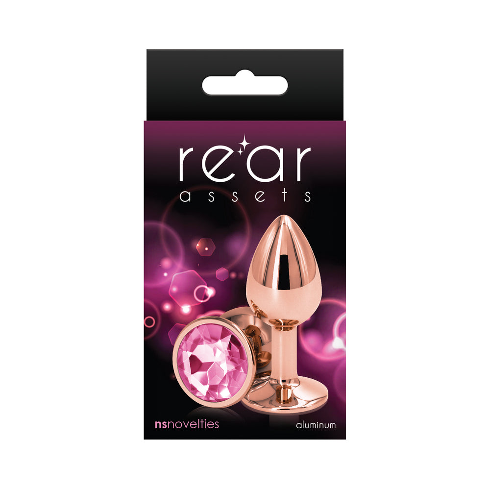Rear Assets Rose Gold Anal Plug Small Pink Small pink gem Rear Assets rose gold plug in black package