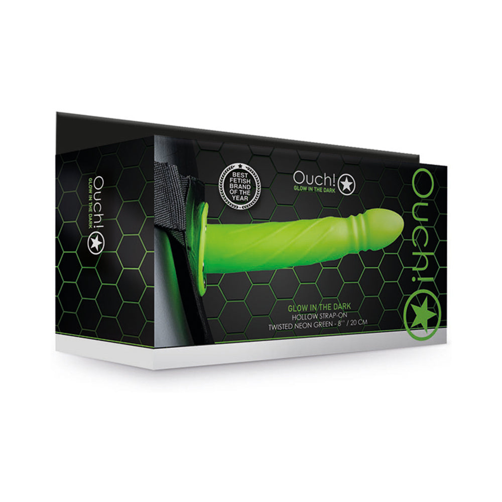 Ouch! Twisted 8 in. Glow in the Dark Hollow Strap-On Neon Green Neon-green Ouch Twisted 8-inch hollow strap-on retail box