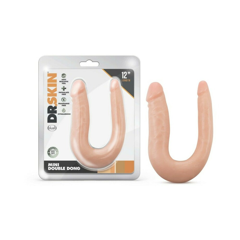 Dr. Skin Mini Double Dong Realistic 12 in. Dual-Ended Dildo Beige Beige Dr. Skin Mini Double Dong beside retail package