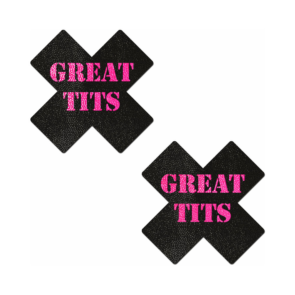 Pastease ''Great Tits'' Crosses Pasties Black/Pink black cross Pastease pasties with pink glitter Great Tits lettering