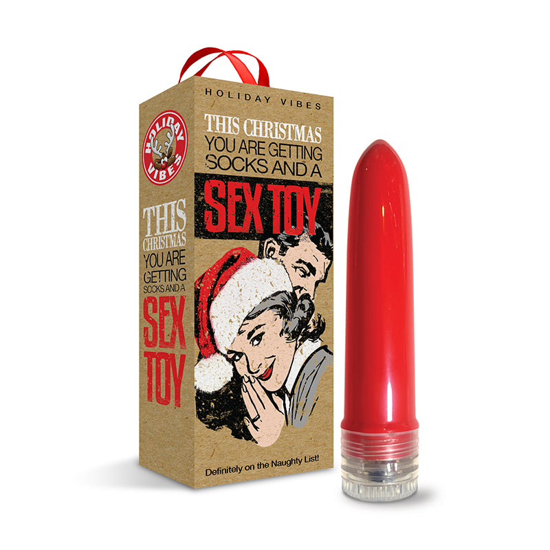 Naughty List Gift Socks And A Sex Toy 4 in. Multi-Speed Vibe With Storage Bag Red Naughty List vibrator beside illustrated holiday gift box