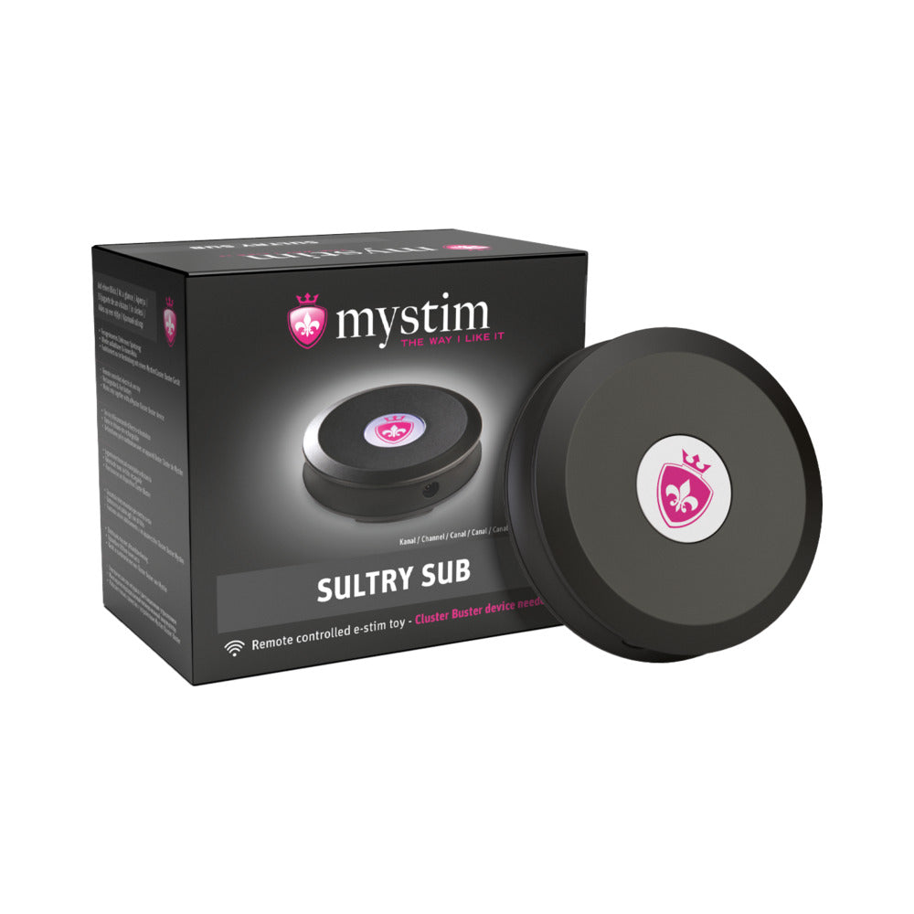 two round black Mystim Sultry Sub modules beside a black retail box