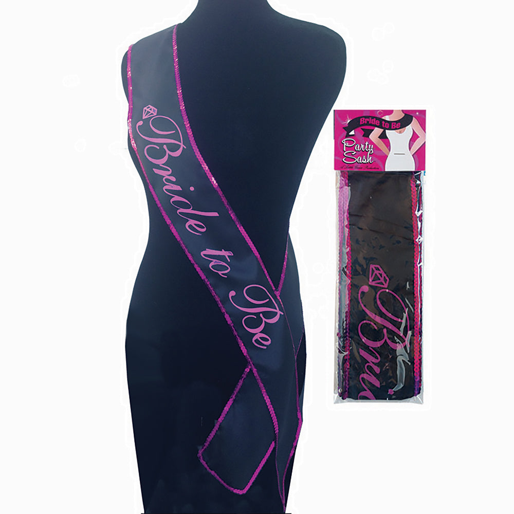 Bride To Be Sash Bride to Be Party Sash black sash with pink script on mannequin and retail card