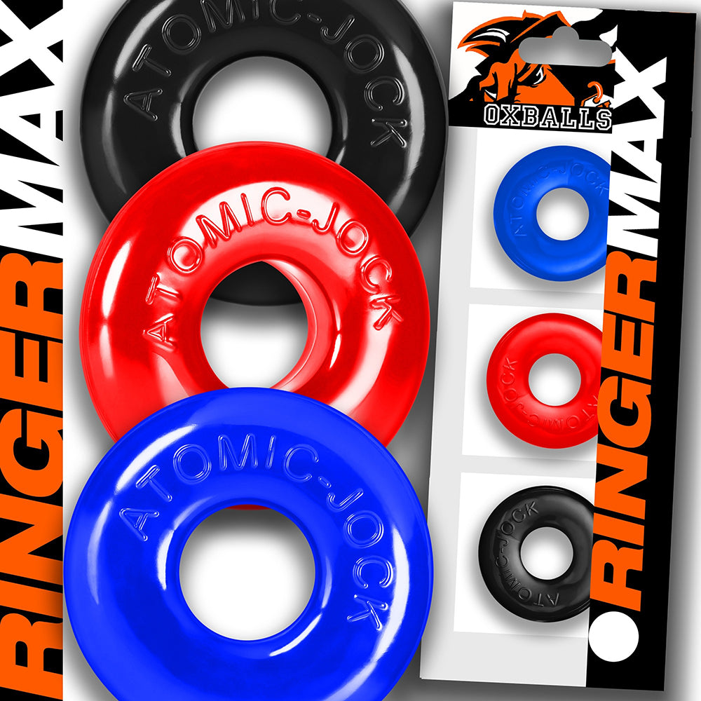 OxBalls Ringer Max 3-Pack Multi red blue and black OxBalls Ringer Max rings beside matching retail sleeve