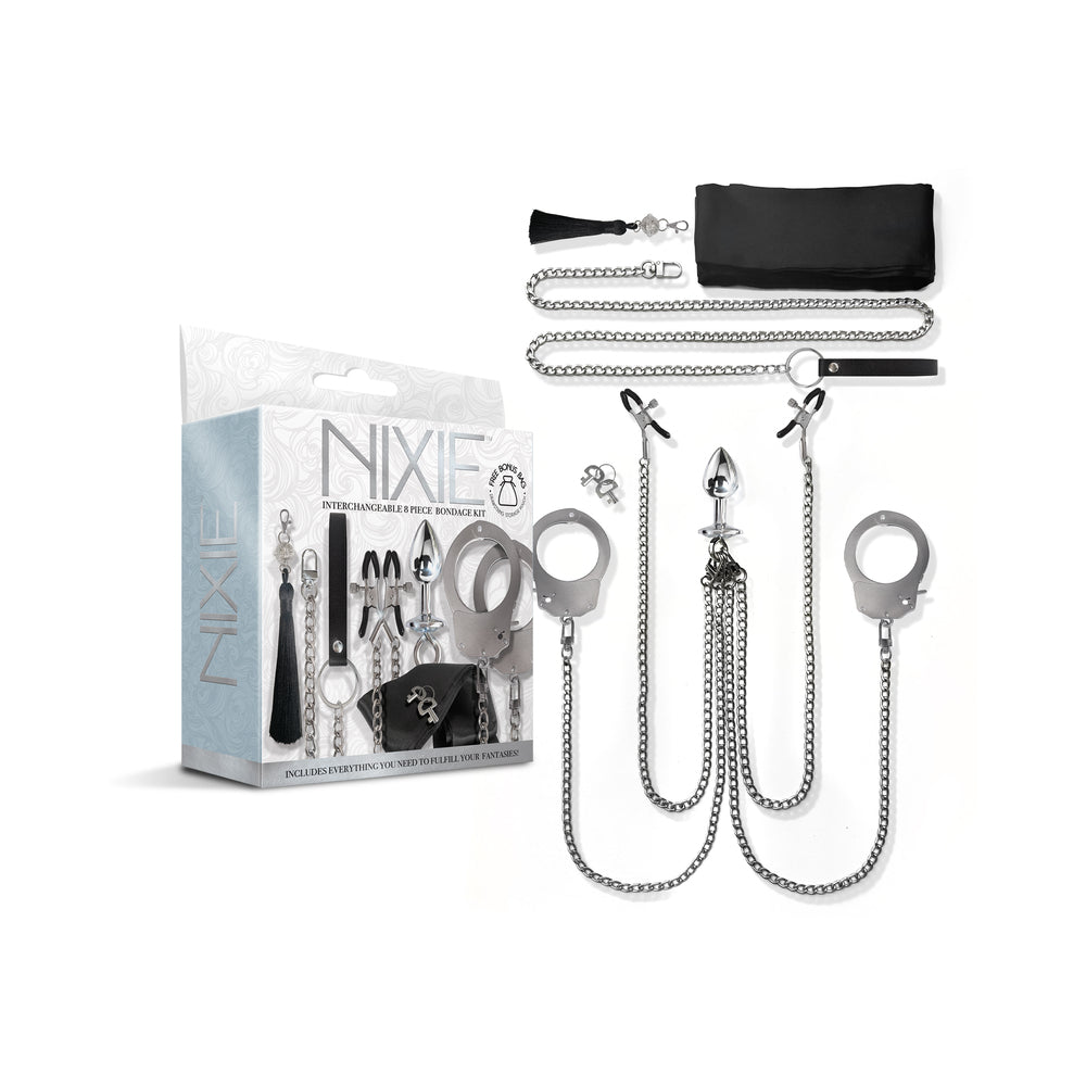 Nixie Metal Bondage 8-Piece Kit Silver complete Nixie silver bondage kit arranged beside retail box