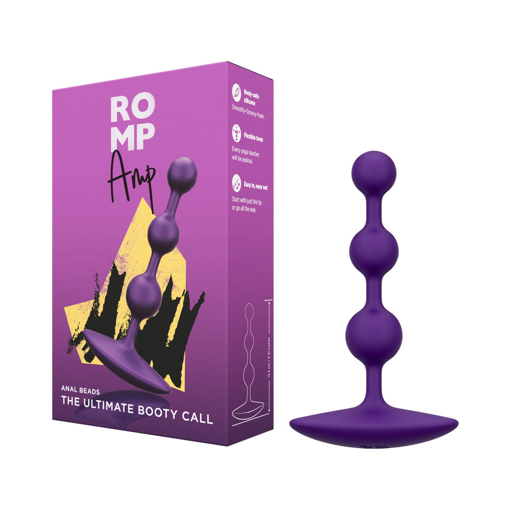 ROMP Amp Silicone Anal Plug Dark Purple ROMP Amp dark-purple beaded plug beside retail box
