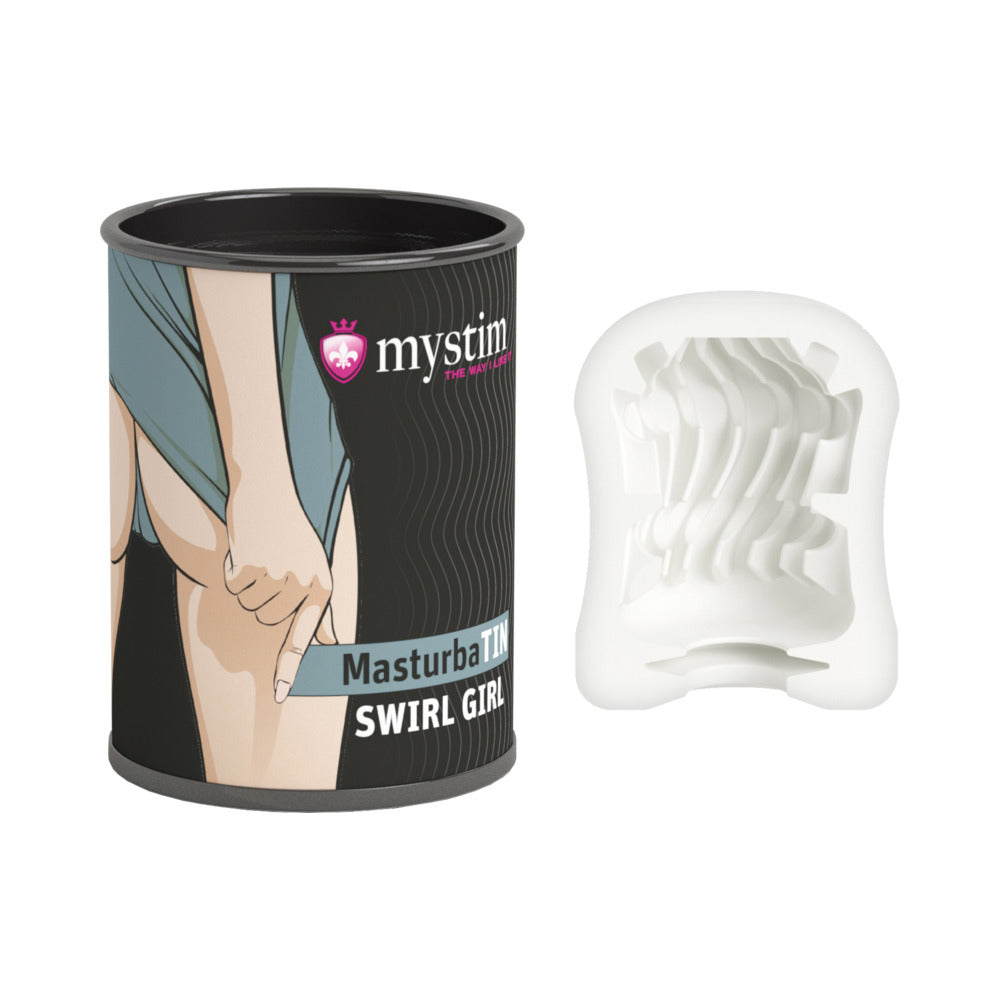 Mystim MasturbaTIN Swirl Girl Stroker white Mystim Swirl Girl textured sleeve beside illustrated black cylindrical tin