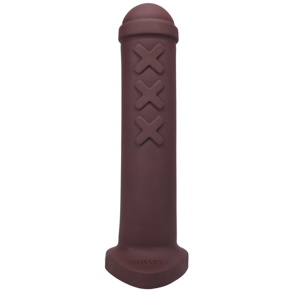Tantus Amsterdam Firm Dildo Garnet (Box) Front view of garnet Tantus Amsterdam with raised triple-X side motif