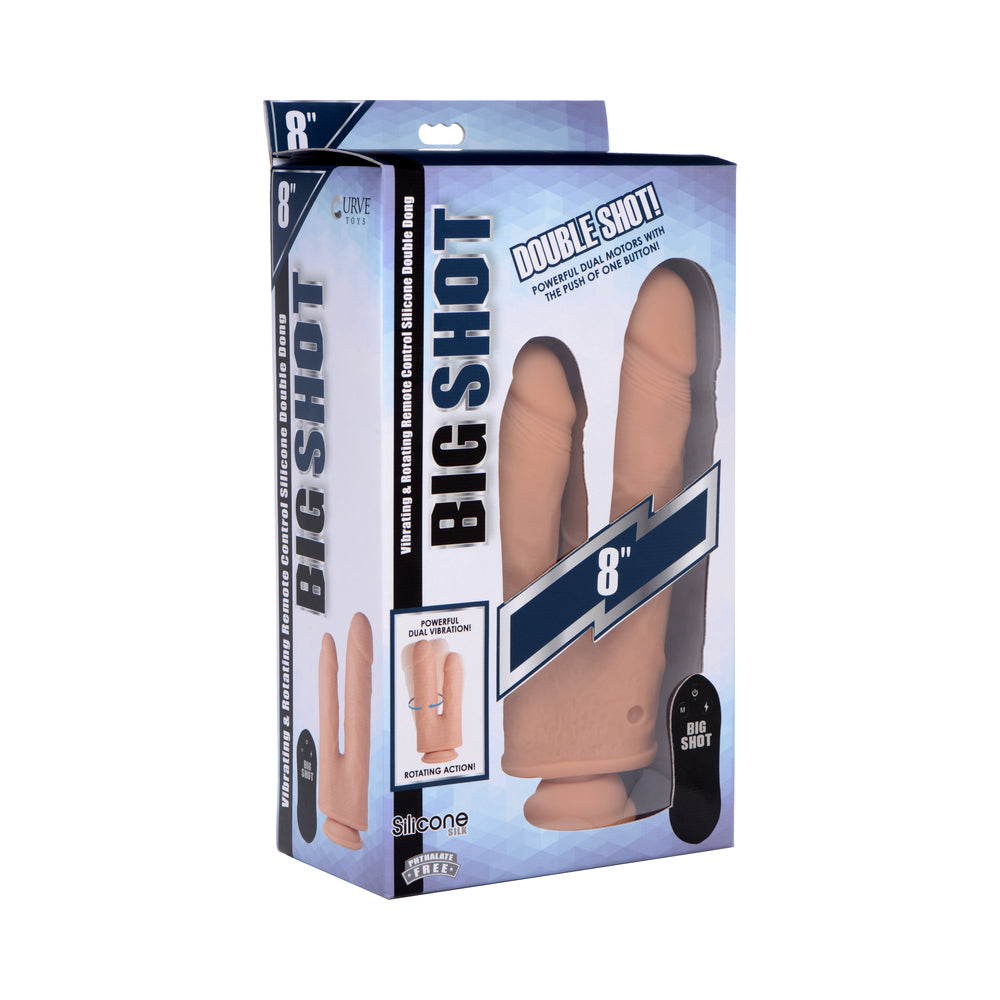 Big Shot Double Shot 8 in. Vibrating & Rotating Double Dong with Remote Beige Double Shot dual-shaft silicone dildo with remote shown on retail box