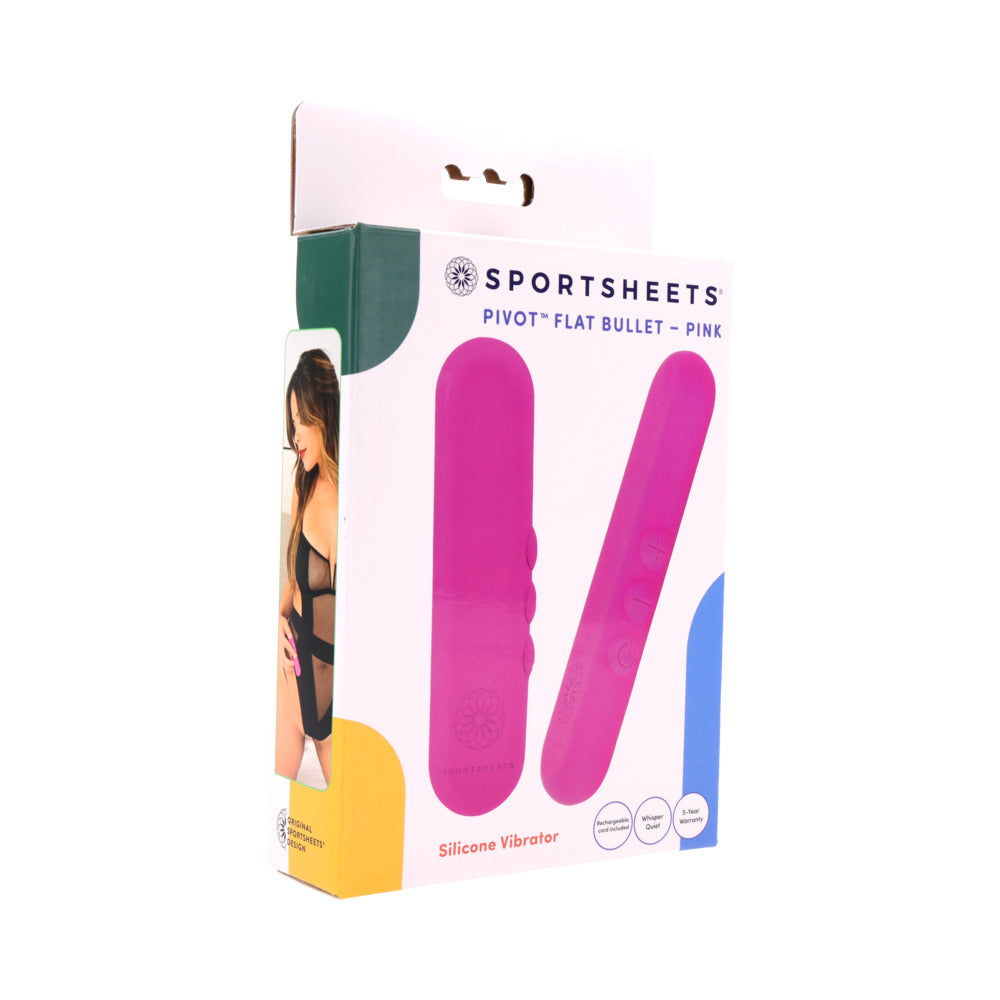 Sportsheets Pivot Flat Bullet Pink Sportsheets Pivot hot-pink flat bullet vibrator with rounded paddle form on white-green retail box