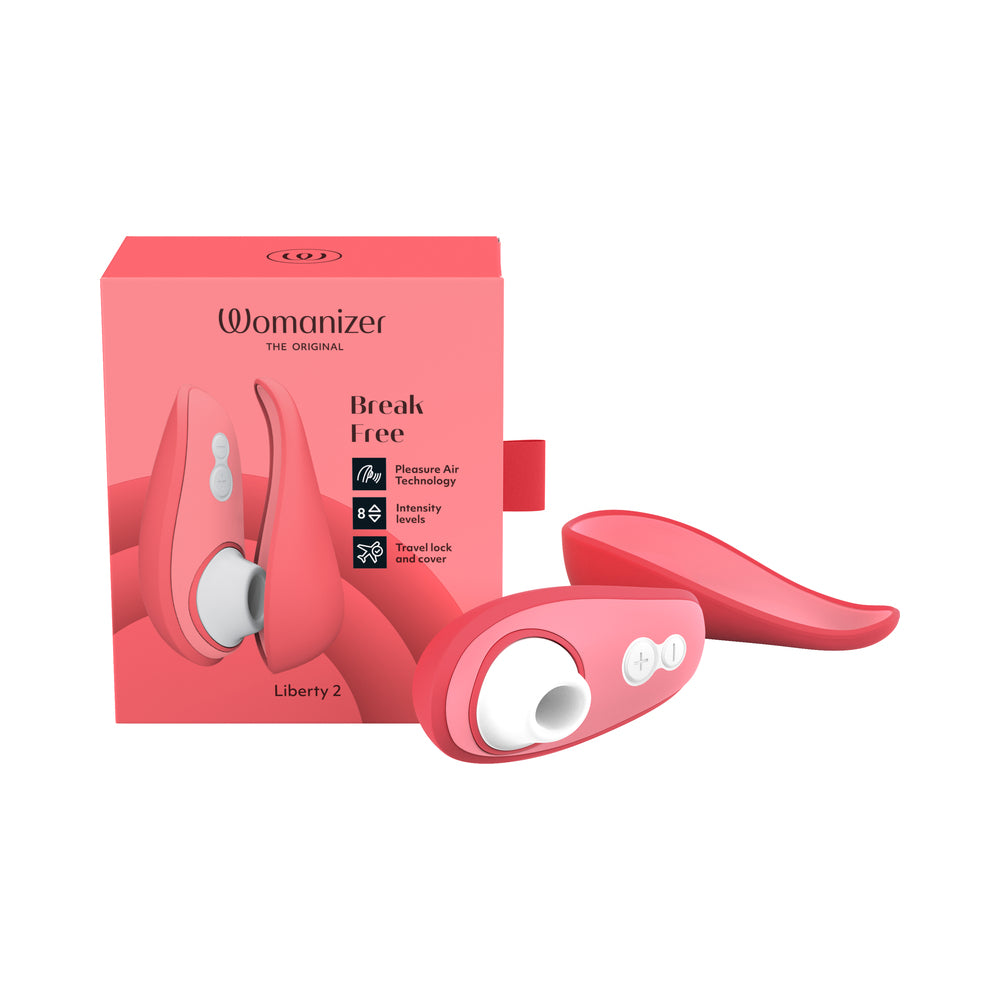 Womanizer Liberty 2 Vibrant Rose vibrant rose Womanizer Liberty 2 with white air head and curved cover beside box