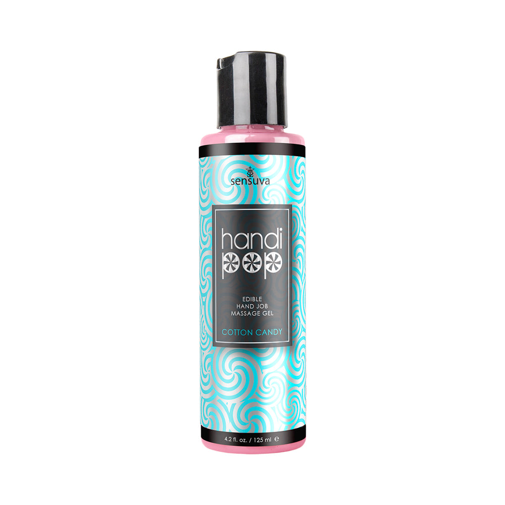 Sensuva HandiPop Edible Hand Job Massage Gel Cotton Candy 4.2 oz. Sensuva HandiPop Cotton Candy Gel black bottle with turquoise spiral label and black cap
