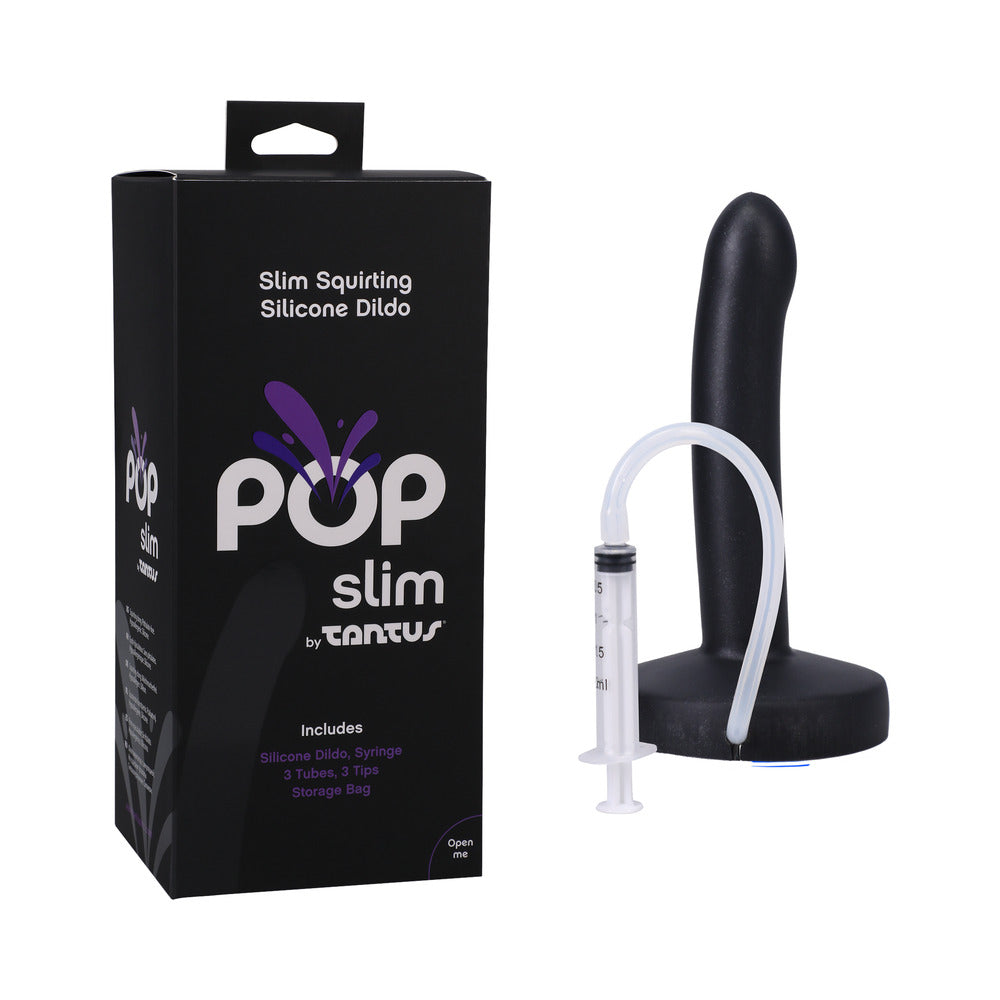 Tantus POP Slim Squirting Dildo Midnight Tantus POP Slim Midnight black dildo with syringe beside retail box