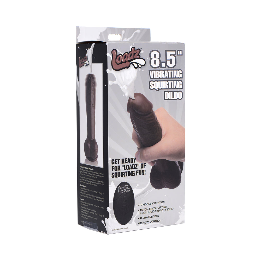 Loadz 8.5 in. Squirting Dildo Dark Loadz Dark 8.5-inch vibrating squirting dildo pictured on white retail box