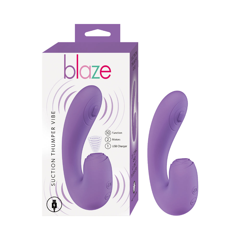 Blaze Suction Thumper Vibe Lavender lavender Blaze Suction Thumper curved rabbit vibrator beside purple box