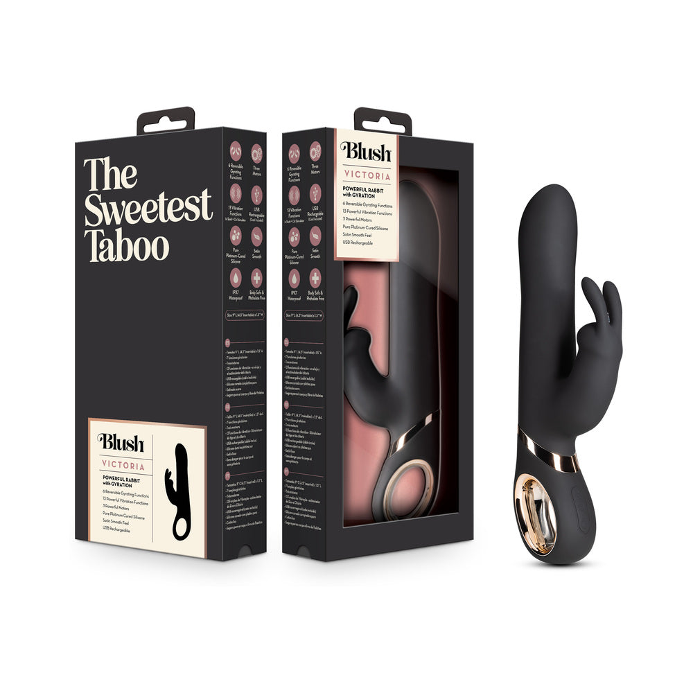 Blush Victoria Black black Blush Victoria curved rabbit vibrator with metallic base ring beside box