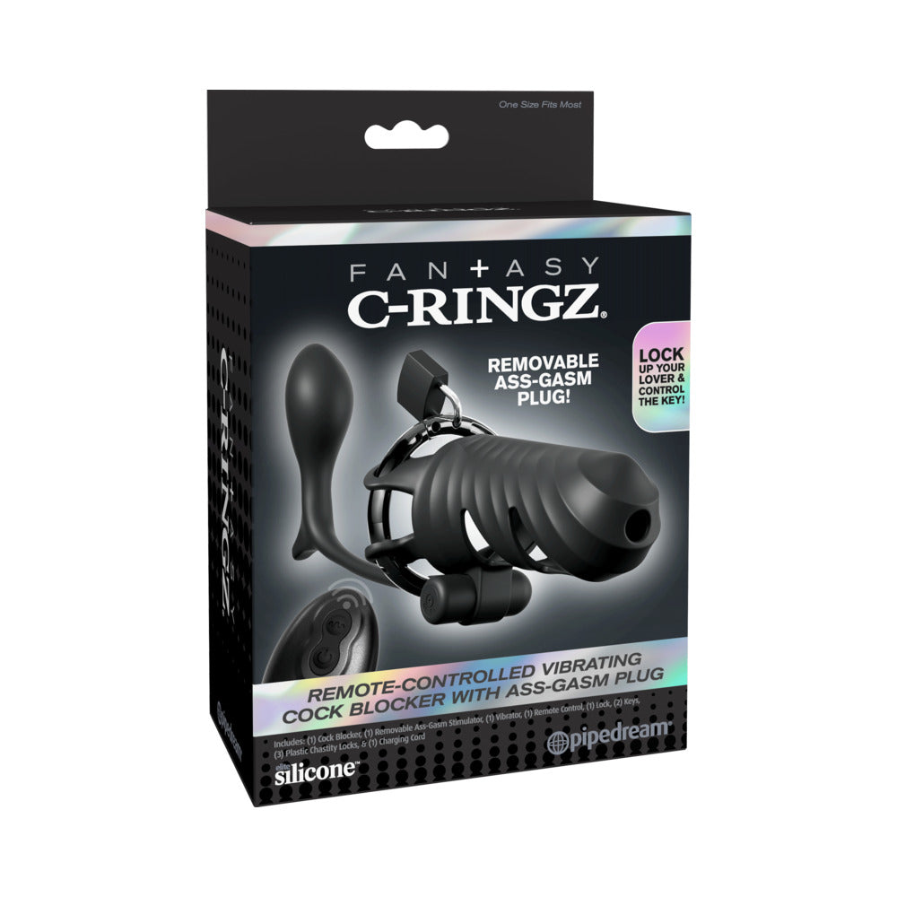 Fantasy C-Ringz Remote-Controlled Vibrating Cock Blocker with Ass-Gasm Plug Black Black Fantasy C-Ringz cage with Ass-Gasm plug on retail box