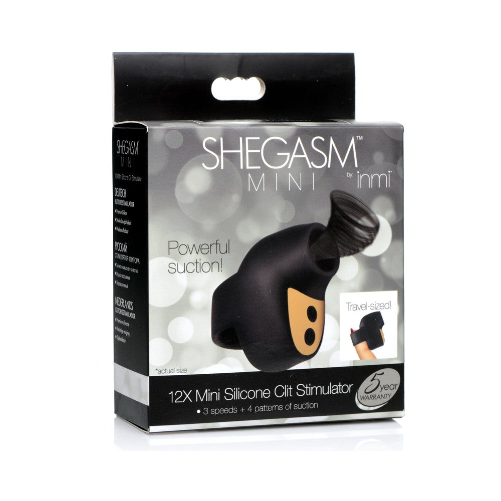 Shegasm Mini 12X Mini Silicone Clit Stimulator Black black Shegasm Mini 12X finger-strap silicone clit stimulator pictured on box