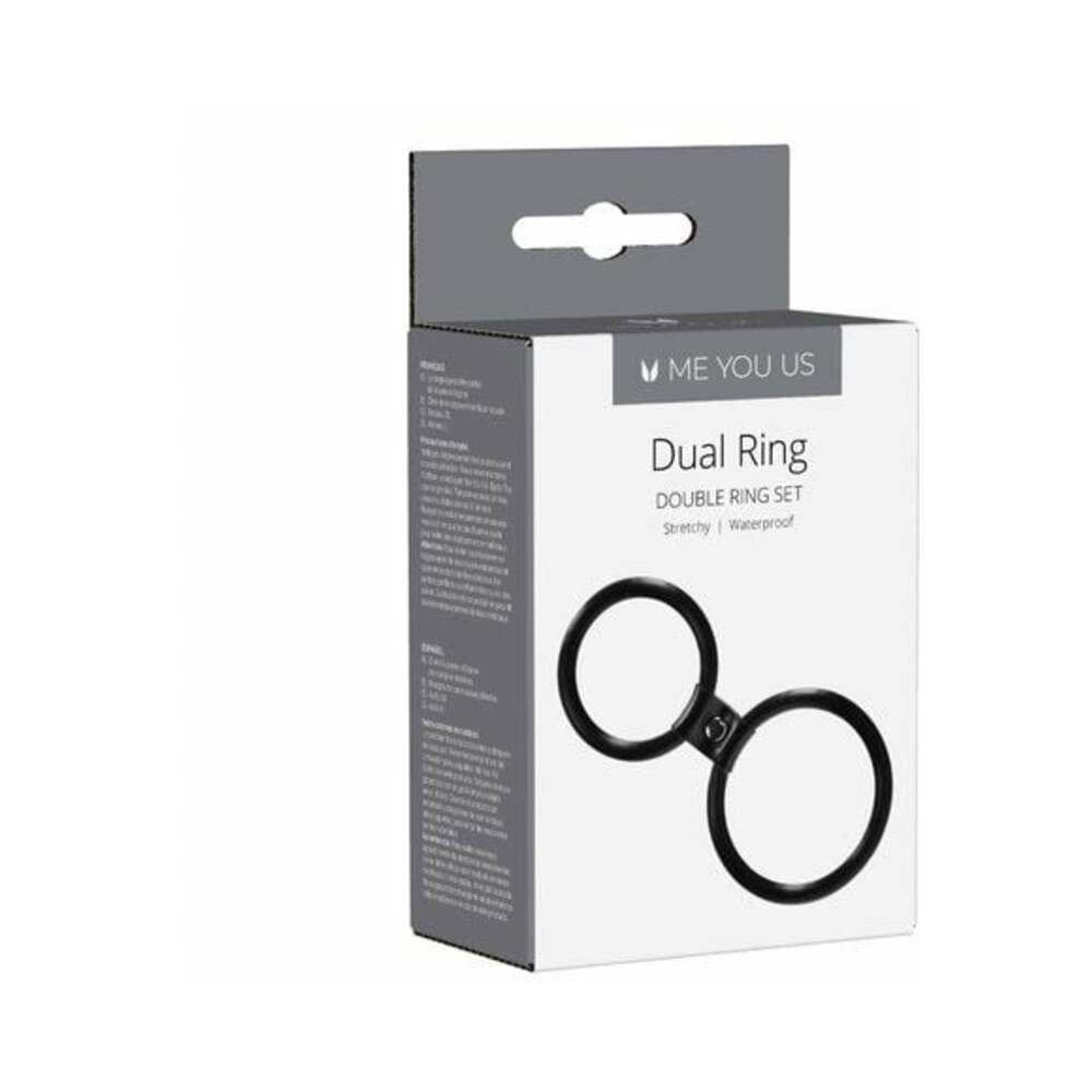 Me You Us Dual Ring Double Cockring Set Black Me You Us Dual Ring black two-piece cock ring set in box