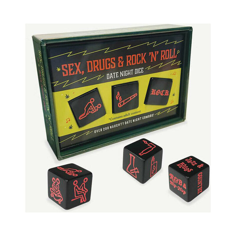Sex, Drugs & Rock n Roll Date Night Dice Game Sex Drugs and Rock n Roll box with three black illustrated dice