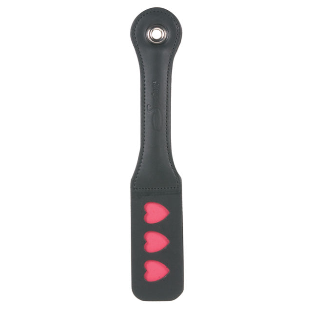 Sportsheets Sex & Mischief 12 in. Heart Impression Paddle Sportsheets black 12-inch leather paddle with three pink hearts
