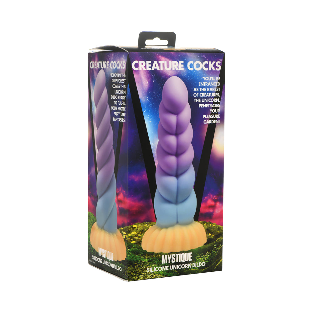 Creature Cocks Mystique Silicone Unicorn Dildo purple Mystique unicorn dildo with spiral horn and gold-tone flared base on box