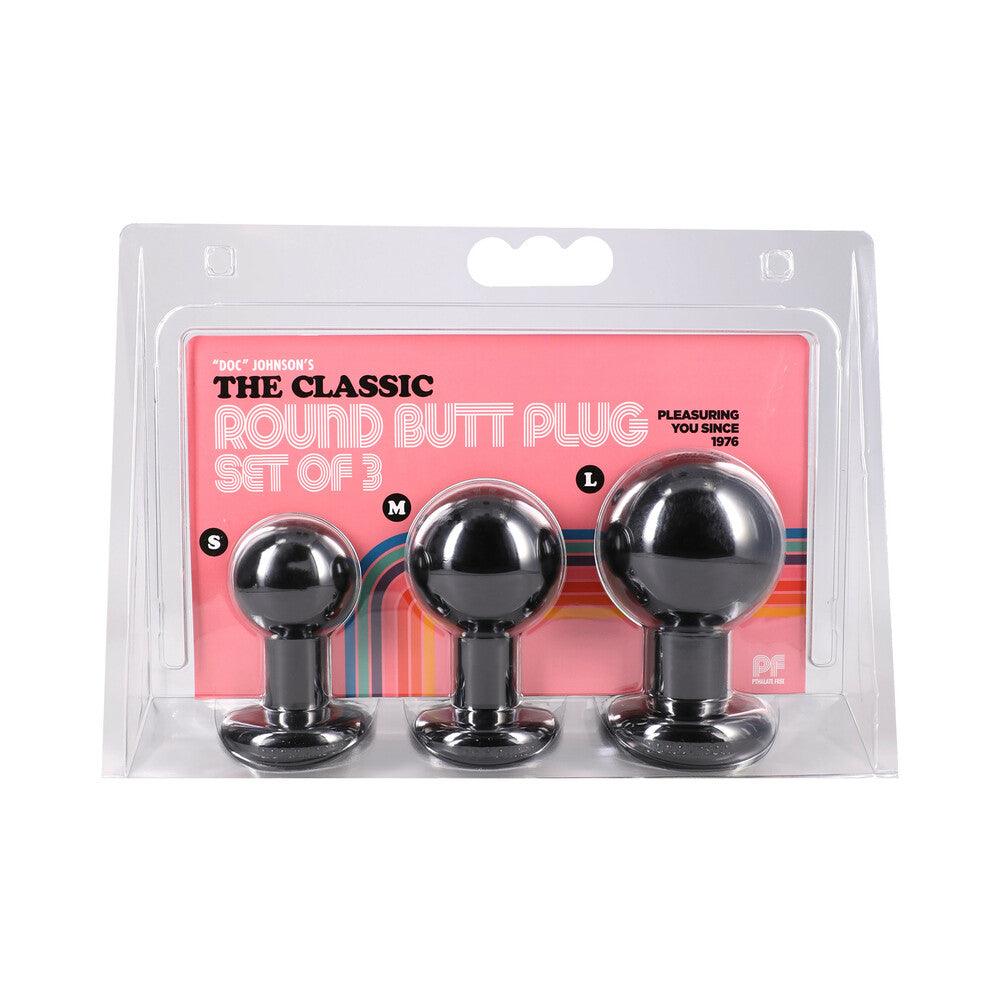 The Classic Round Butt Plug Black 3-Piece Set Doc Johnson Classic Round black three-piece plug set front retail package