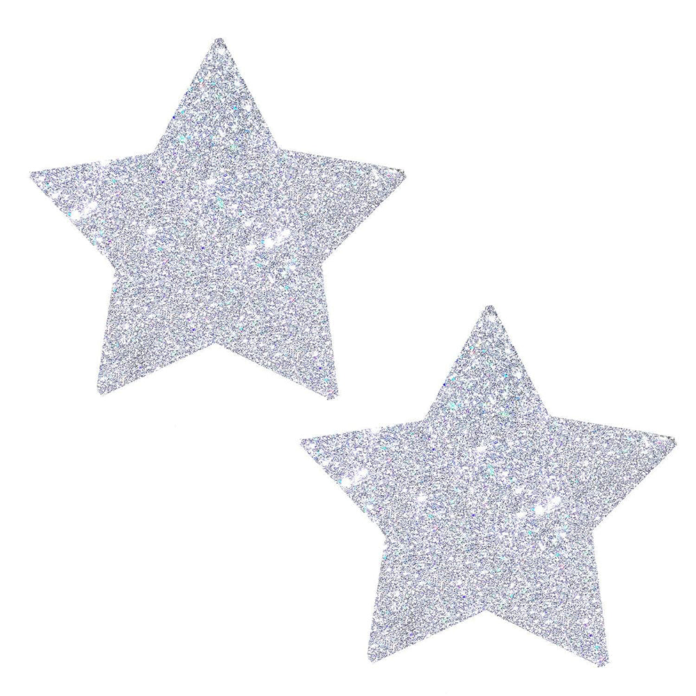 Neva Nude Pasty Starry Nights Silver Glitter pair of silver glitter star-shaped pasties on white background
