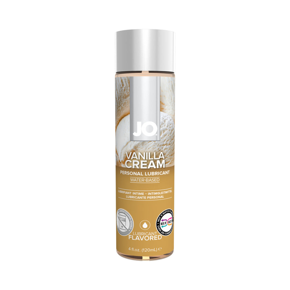 JO H2O Vanilla Cream Flavored Water-Based Lubricant 4 oz. System JO H2O Vanilla Cream four-ounce bottle with silver cap