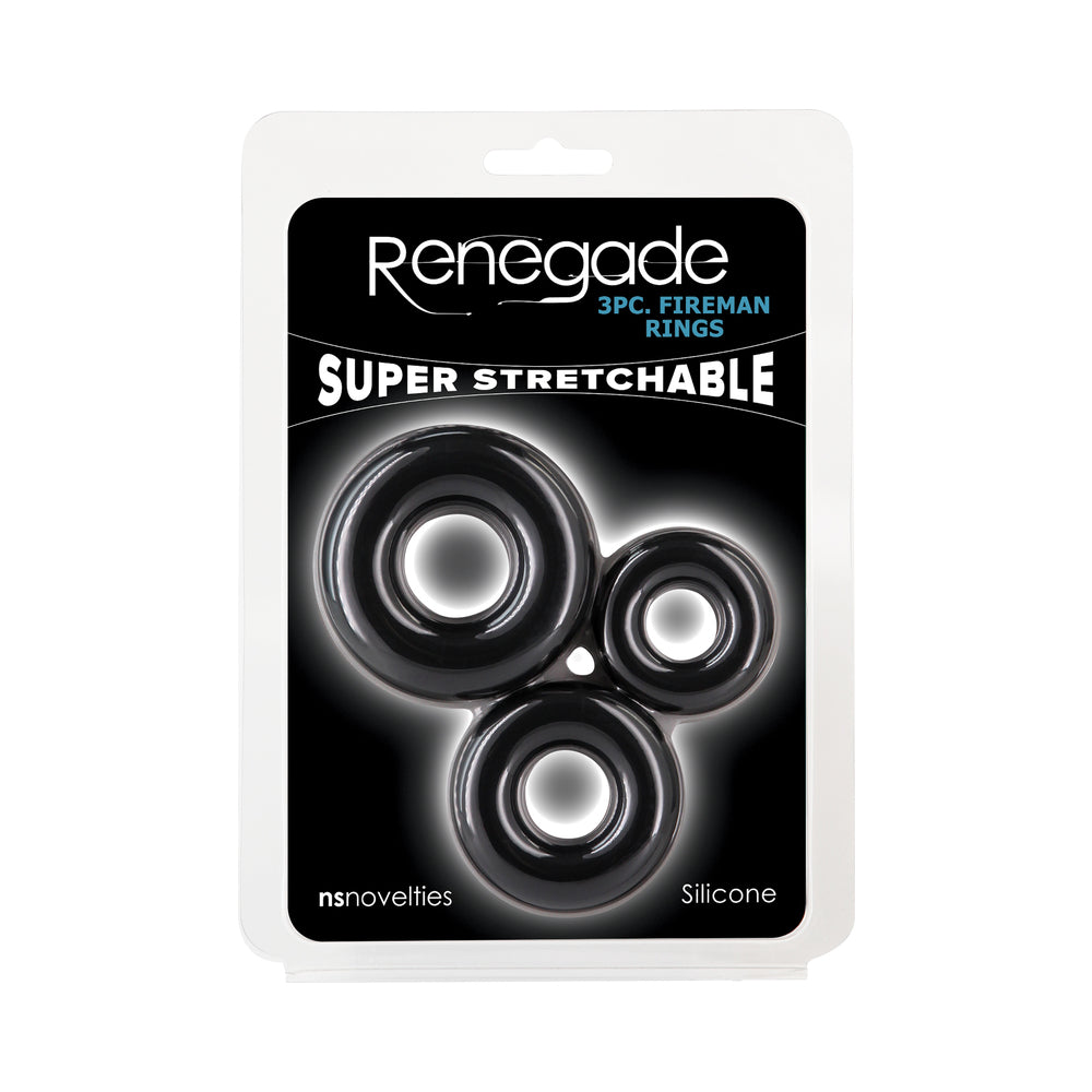 Renegade Fireman Rings 3-Piece Cock Ring Kit Black Renegade Fireman three black silicone rings in clear retail package