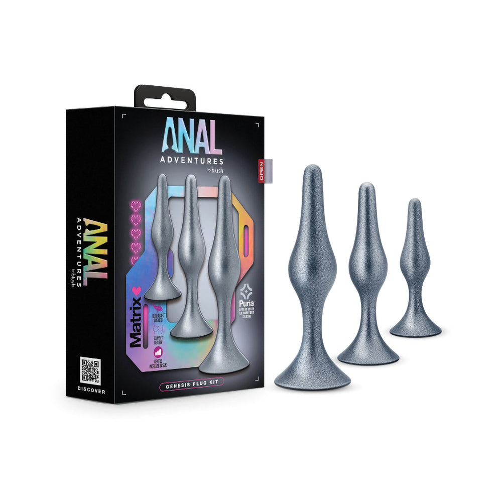 Anal Adventures Matrix Genesis Plug Kit Stellar Silver Blush Matrix Genesis stellar silver silicone plug kit retail box with three silver plugs