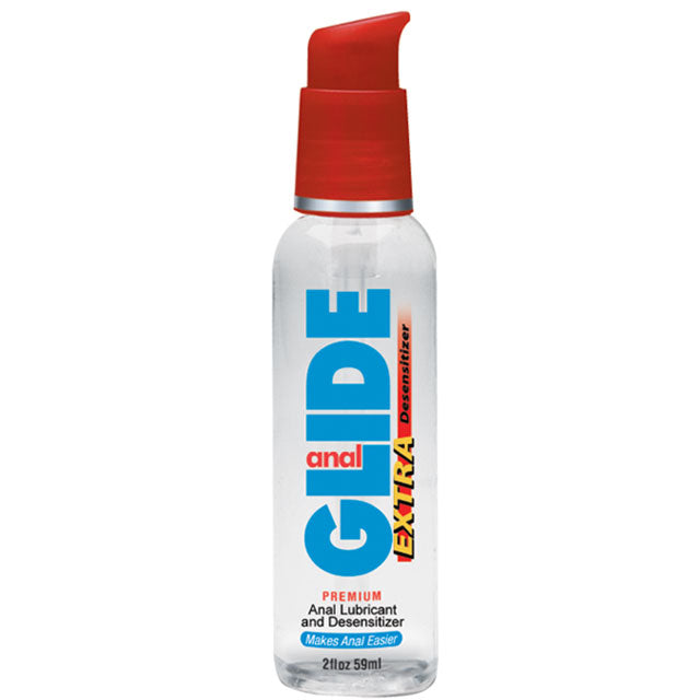 Body Action Anal Glide Extra 2 fl oz Water Based Desensitizing Lubricant Body Action Anal Glide Extra clear bottle with red pump