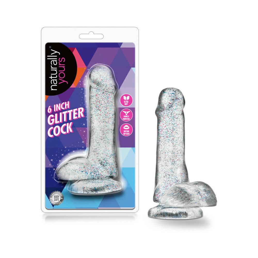 Naturally Yours 6 in. Glitter Cock Realistic Dildo with Balls Sparkling Clear Clear Glitter Cock 6-inch dildo with retail package