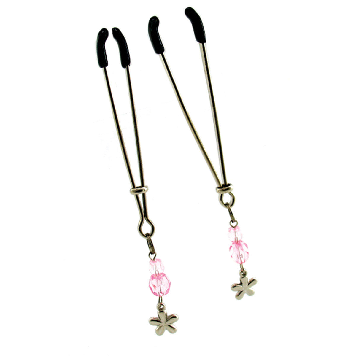 Sex Kitten Tweezer Clamps Pink Flower pair of silver-tone tweezer nipple clamps with pink beads and flower charms