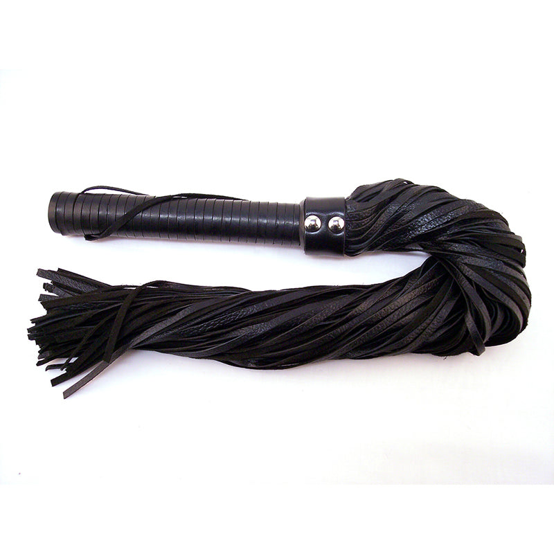 Rouge Flogger, Leather w/Leather Handle Black Rouge Garments Black Leather Flogger coiled leather falls beside wrapped handle