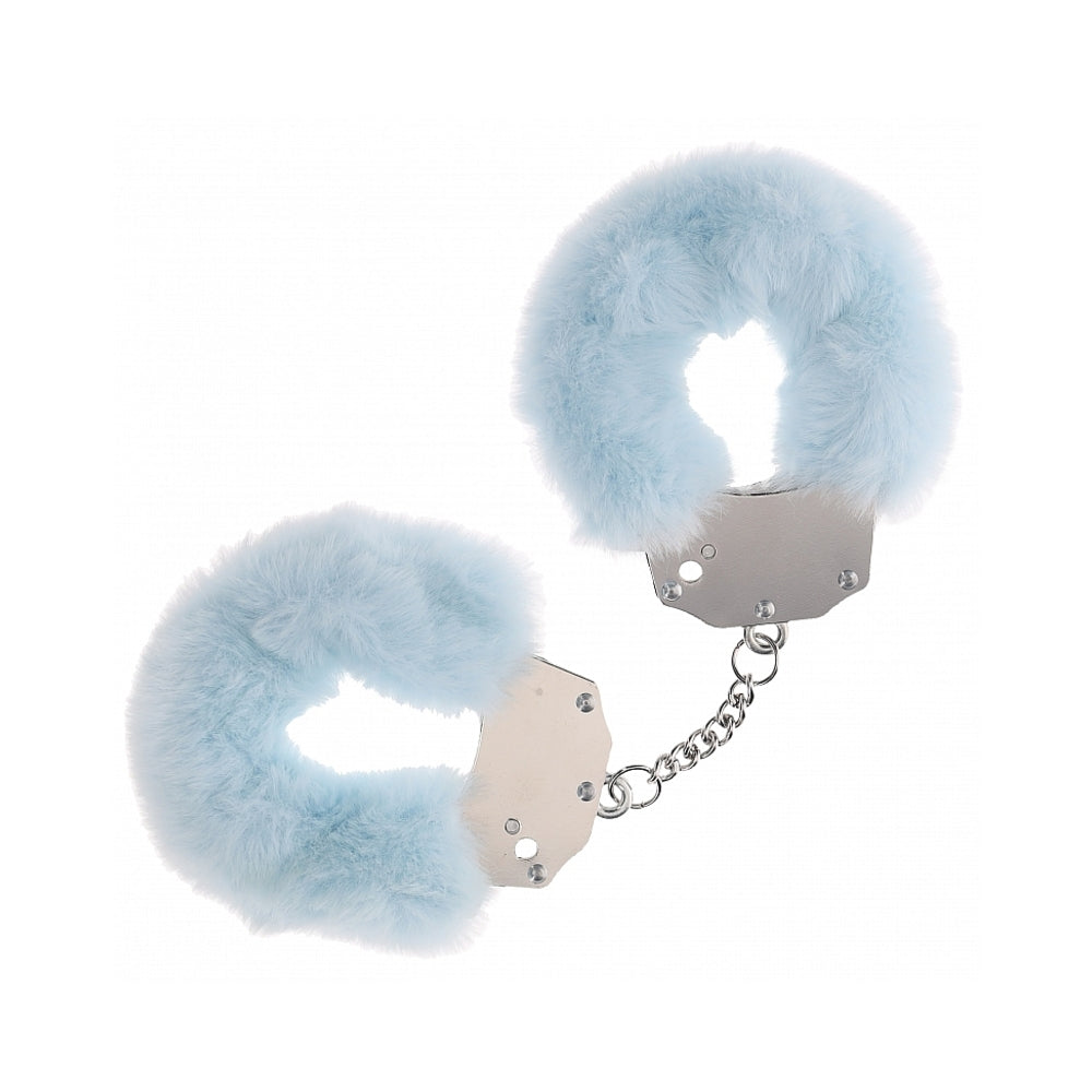 Ouch! Heavy-Duty Fluffy Handcuffs Powder Blue Shots Ouch powder-blue fluffy iron handcuffs with a short silver chain