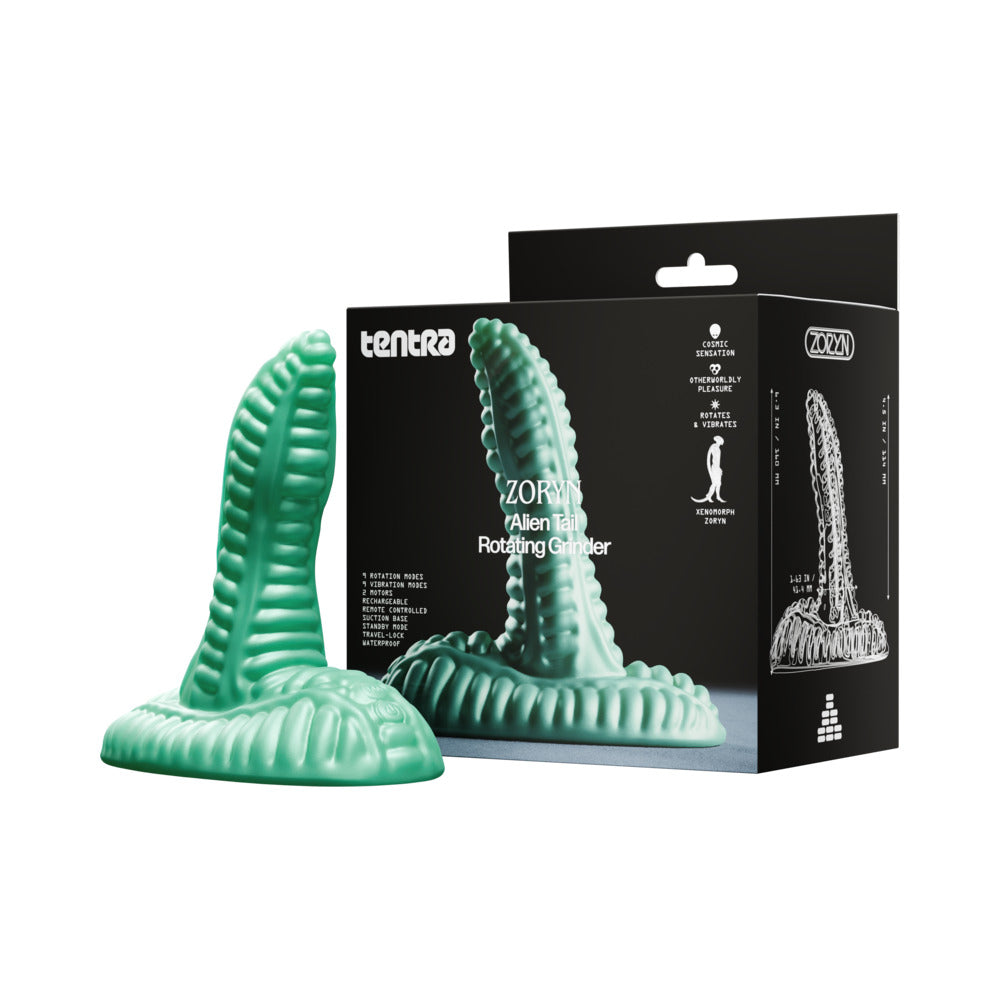 Tentra Zoryn Alien Tail Rotating Grinder Green Tentra Zoryn green alien-tail grinder beside black retail box