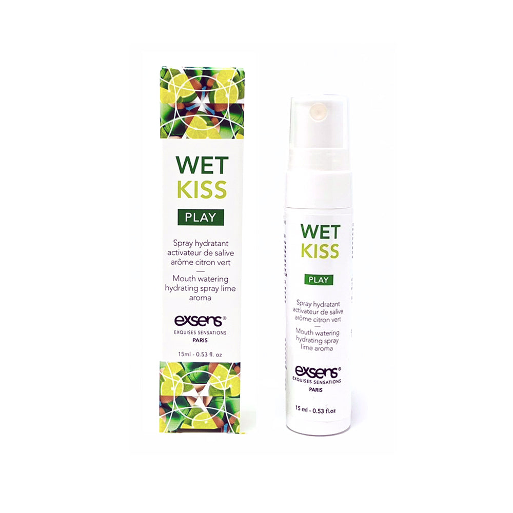 Exsens Wet Kiss Lime Moisturizing Saliva Spray 15ml Exsens Wet Kiss Lime spray bottle beside green citrus-patterned carton