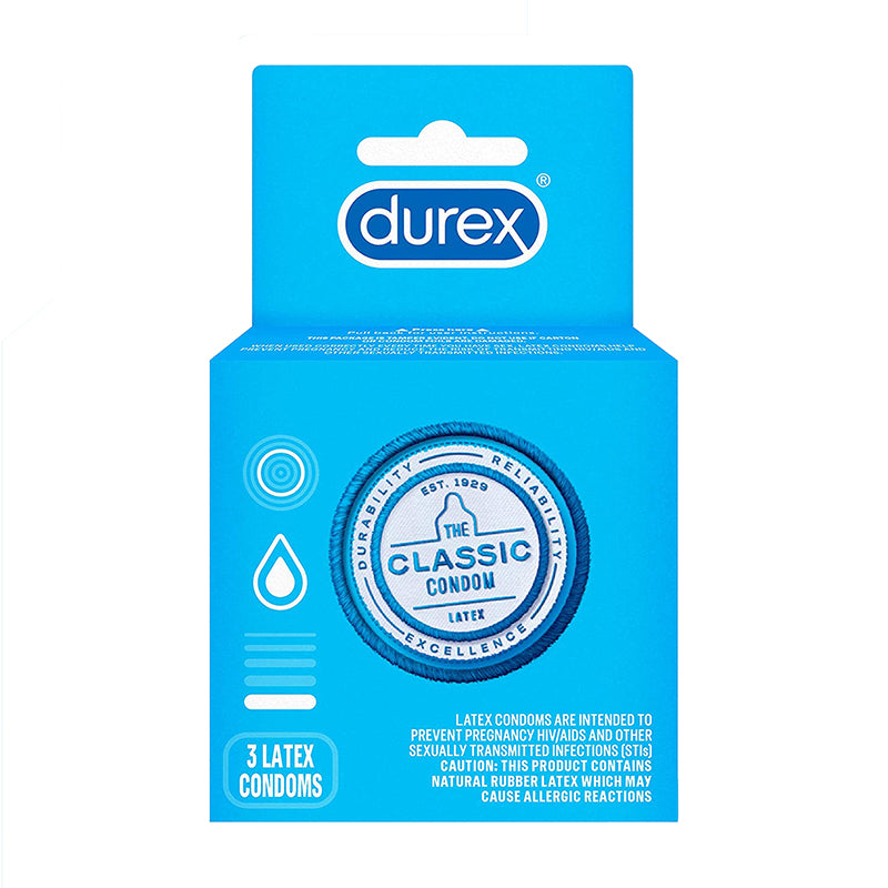 Durex Classic blue three-count lubricated latex condom box
