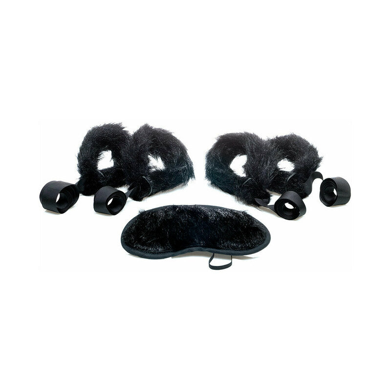 Sex Kitten Five Piece Faux Mink Fur Love Bond Kit black five-piece faux-mink kit with four cuff restraints and eye mask