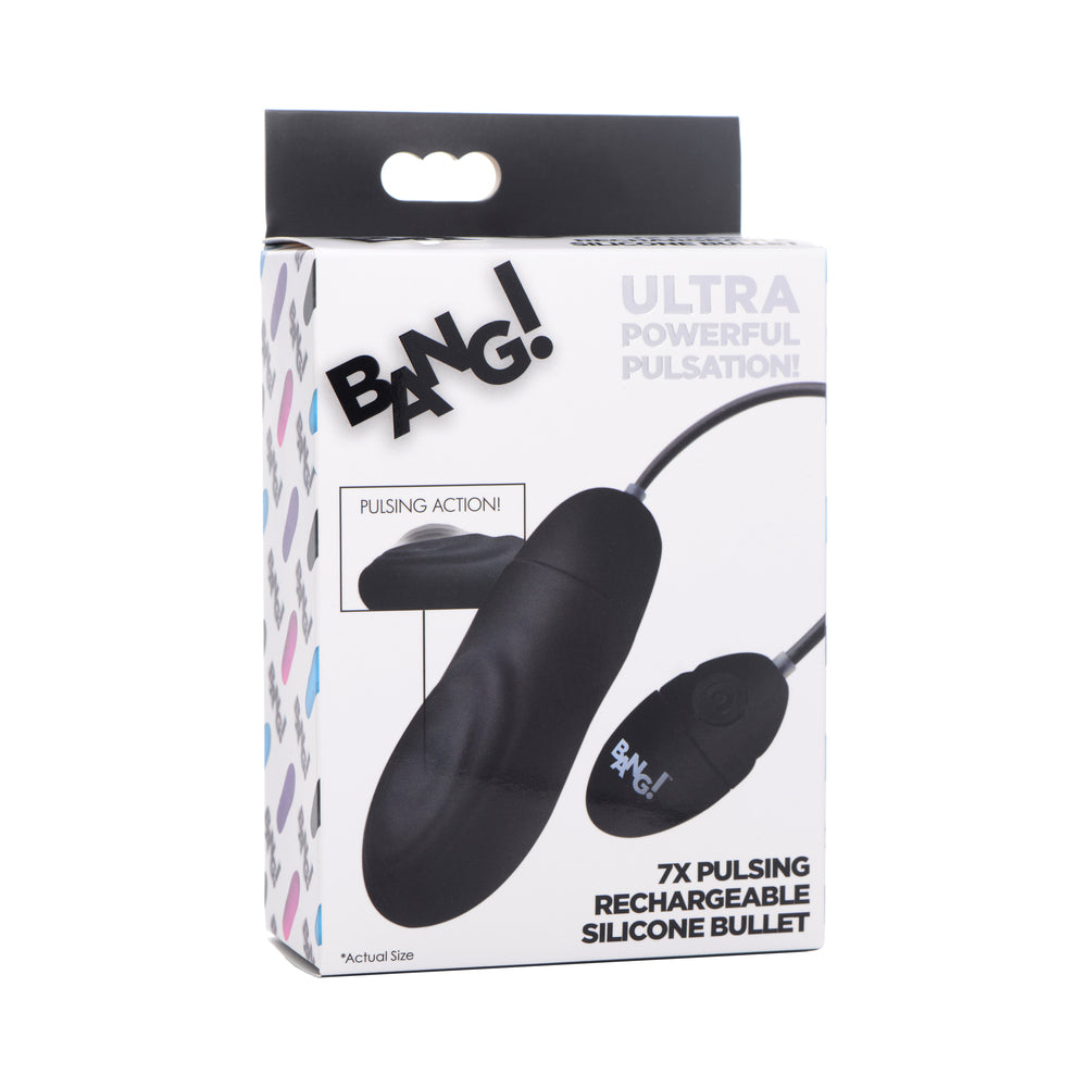 BANG! 7X Pulsing Rechargeable Silicone Bullet Black Black BANG 7X silicone bullet with corded controller in white retail box