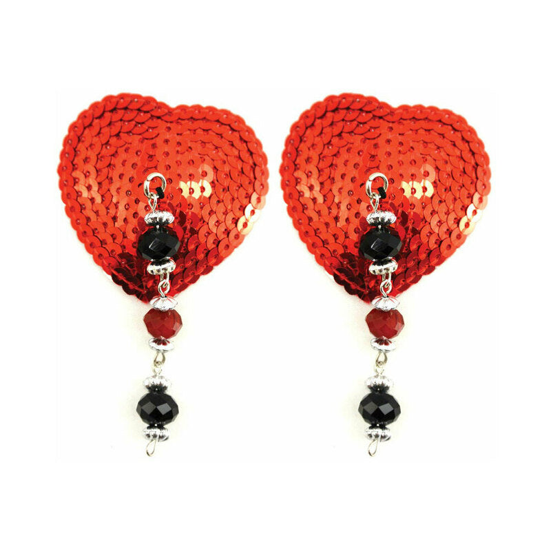 Bijoux de Nip Red Sequin Heart Pasties with Faceted Beads pair of red sequin heart pasties with dangling red and black faceted beads